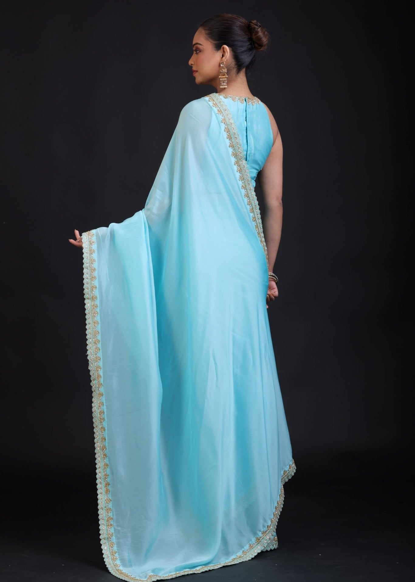 Aqua Blue Pure Silk Organza Saree with Sequin Border - Anvi Couture