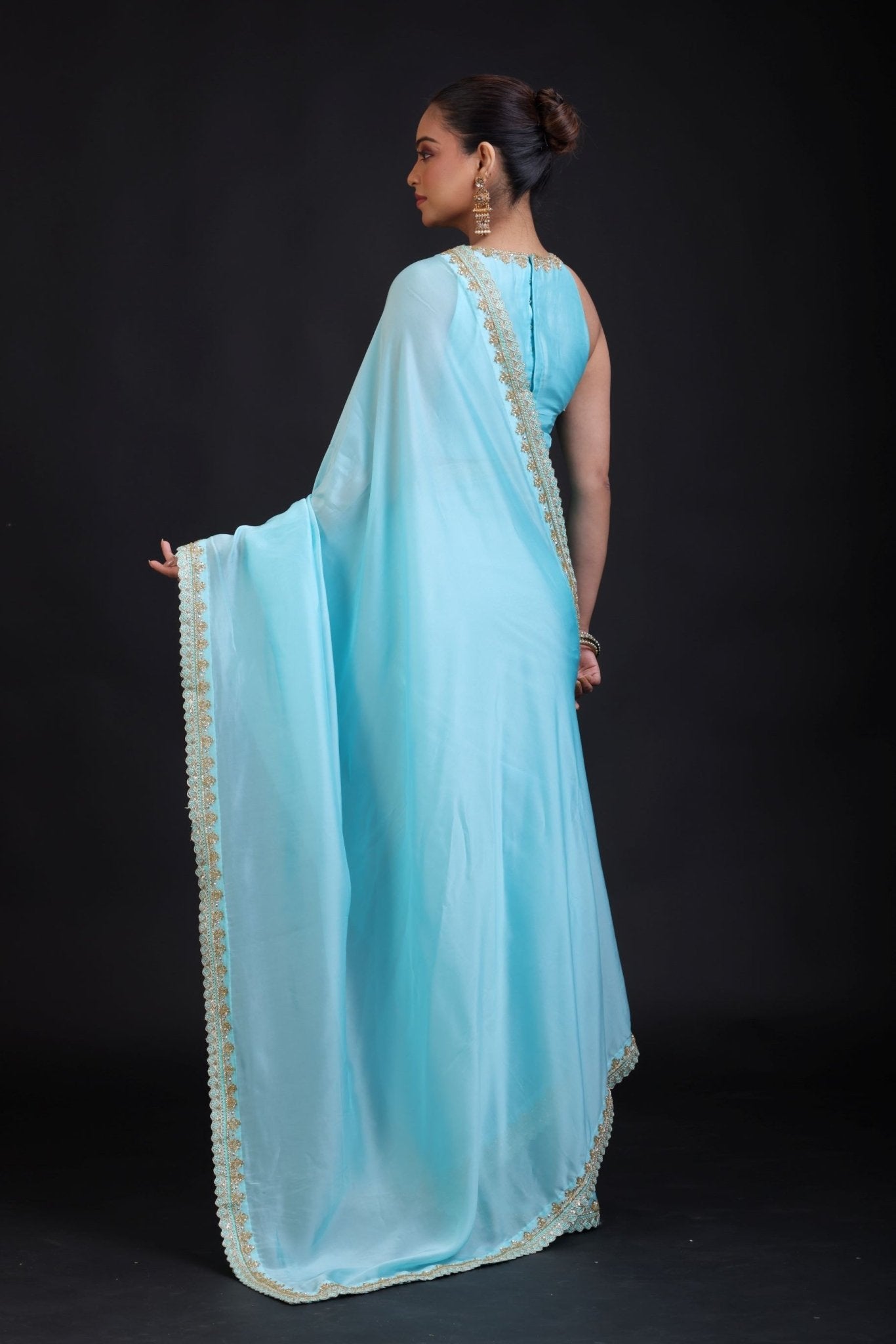 Aqua Blue Pure Silk Organza Saree with Sequin Border - Anvi Couture