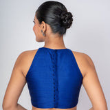 Azure Blue Color Raw Silk Halter Neck Blouse with Back Closure - Anvi Couture