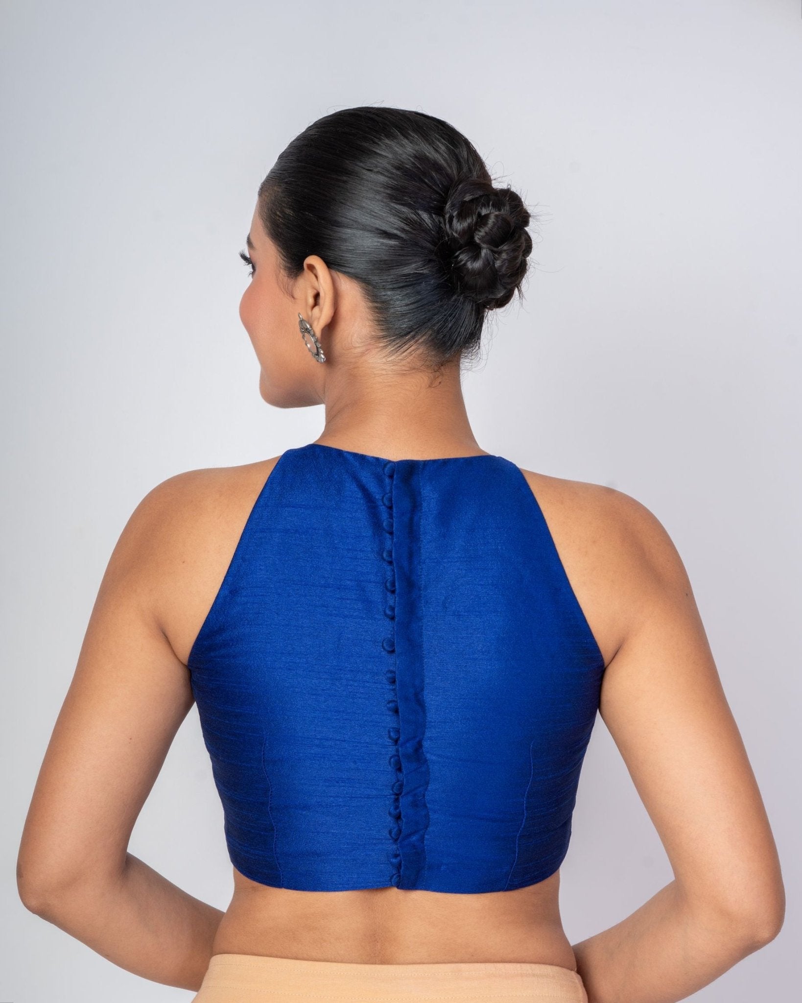 Azure Blue Color Raw Silk Halter Neck Blouse with Back Closure - Anvi Couture