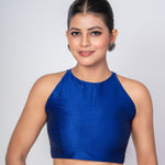 Azure Blue Color Raw Silk Halter Neck Blouse with Back Closure - Anvi Couture