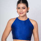 Azure Blue Color Raw Silk Halter Neck Blouse with Back Closure - Anvi Couture