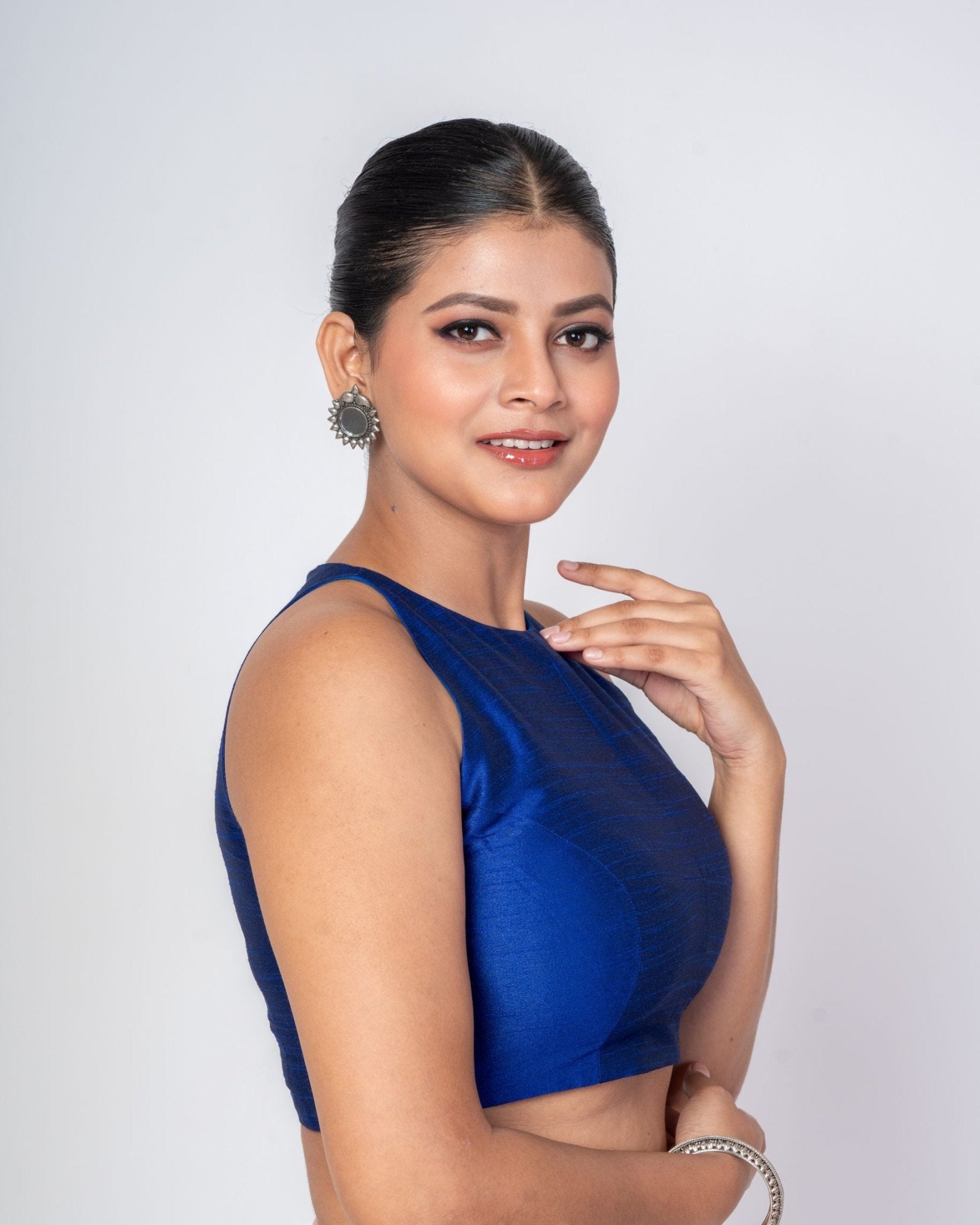 Azure Blue Color Raw Silk Halter Neck Blouse with Back Closure - Anvi Couture
