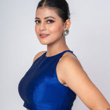 Azure Blue Color Raw Silk Halter Neck Blouse with Back Closure - Anvi Couture