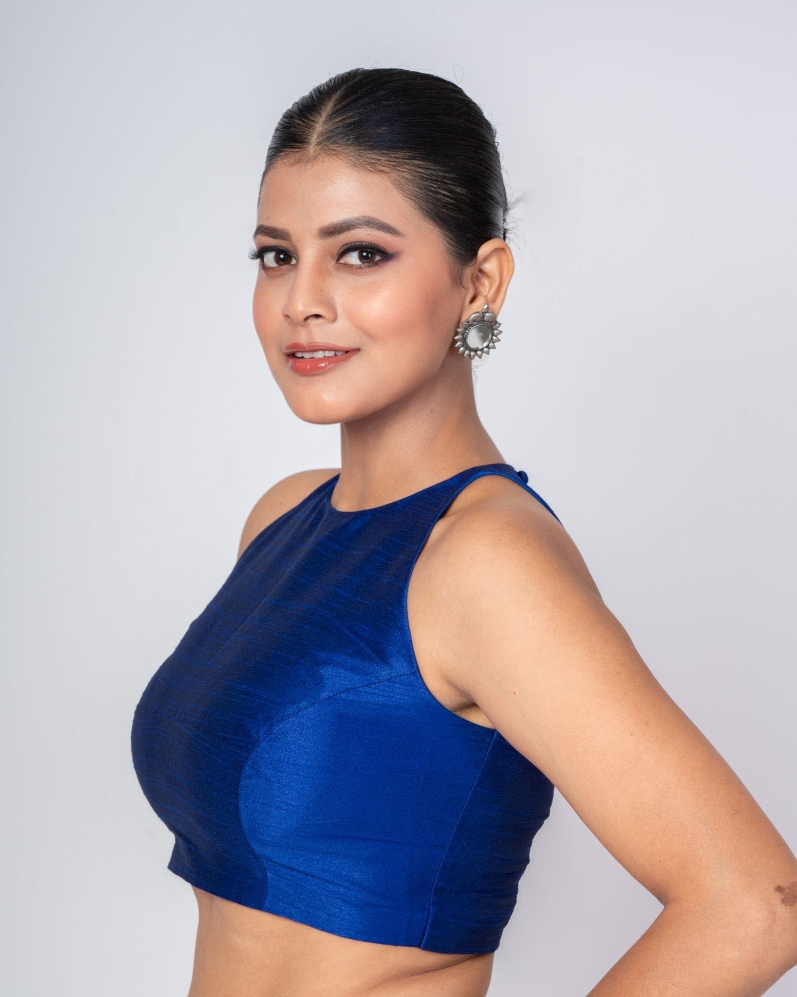 Azure Blue Color Raw Silk Halter Neck Blouse with Back Closure - Anvi Couture