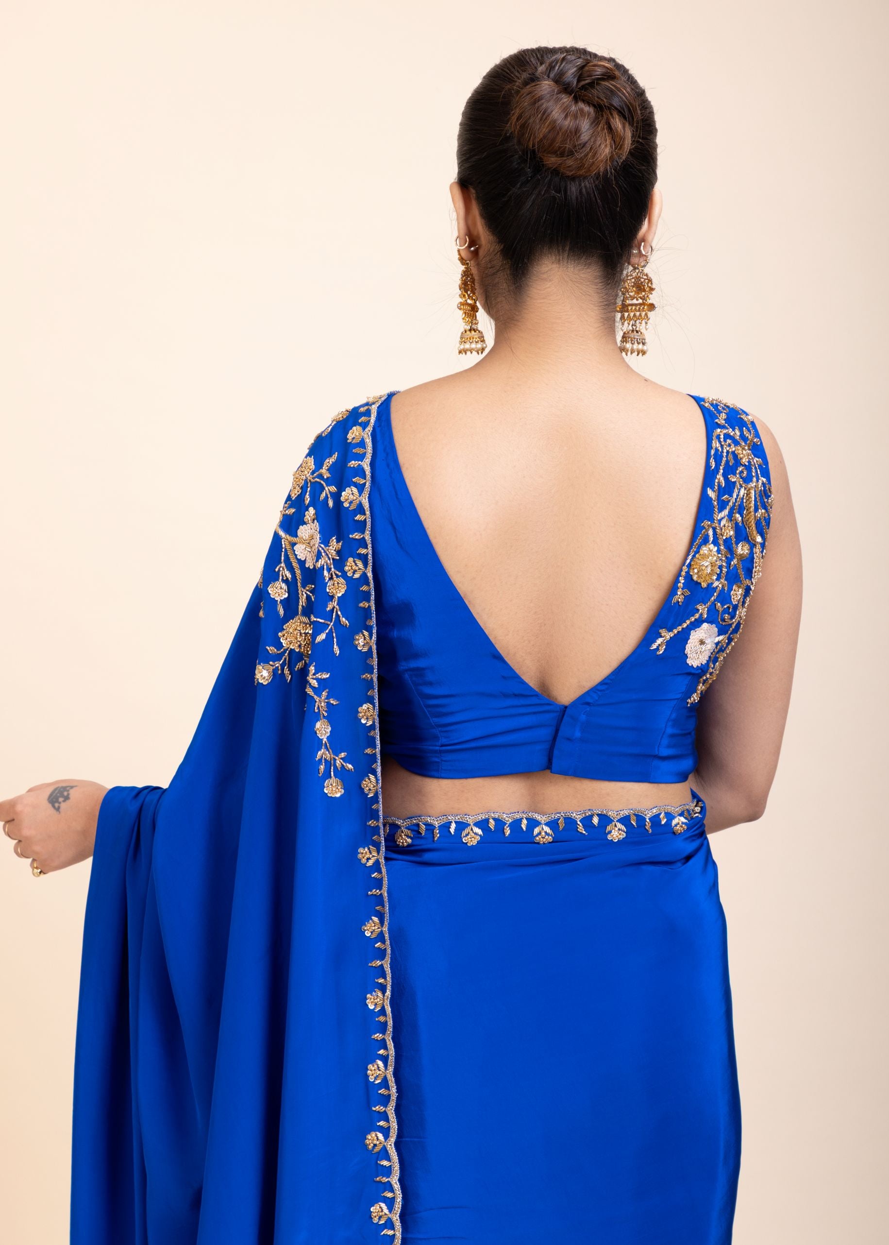 Azure Blue Pure Crepe Silk Saree with Hand Embroidered Work back