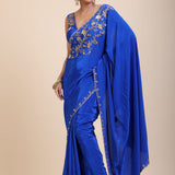 Azure Blue Pure Crepe Silk Saree with Hand Embroidered Work full