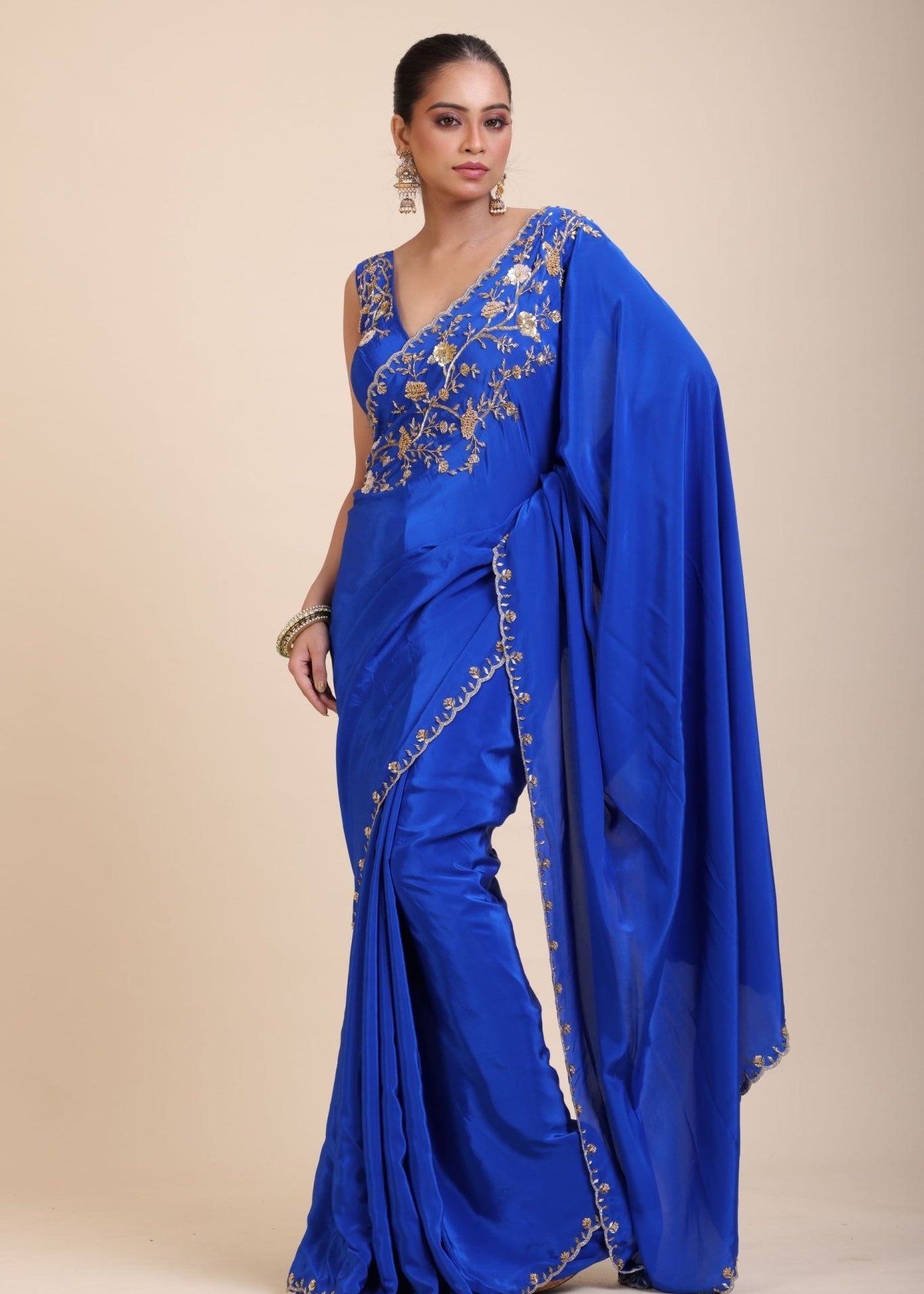 Azure Blue Pure Crepe Silk Saree with Hand Embroidered Work - Anvi Couture