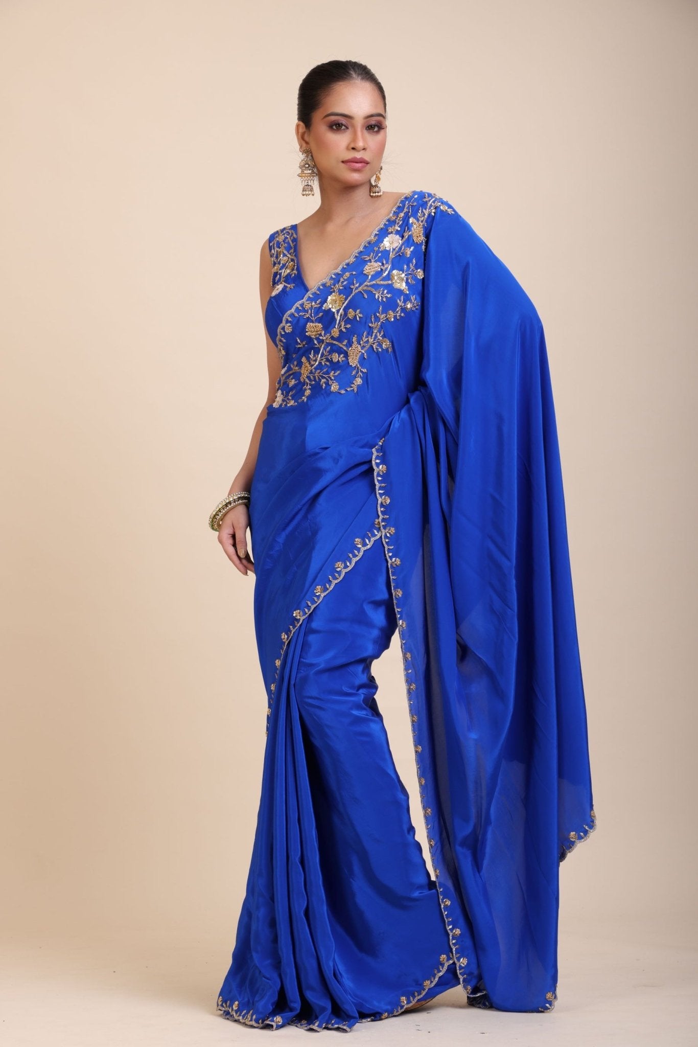 Azure Blue Pure Crepe Silk Saree with Hand Embroidered Work - Anvi Couture