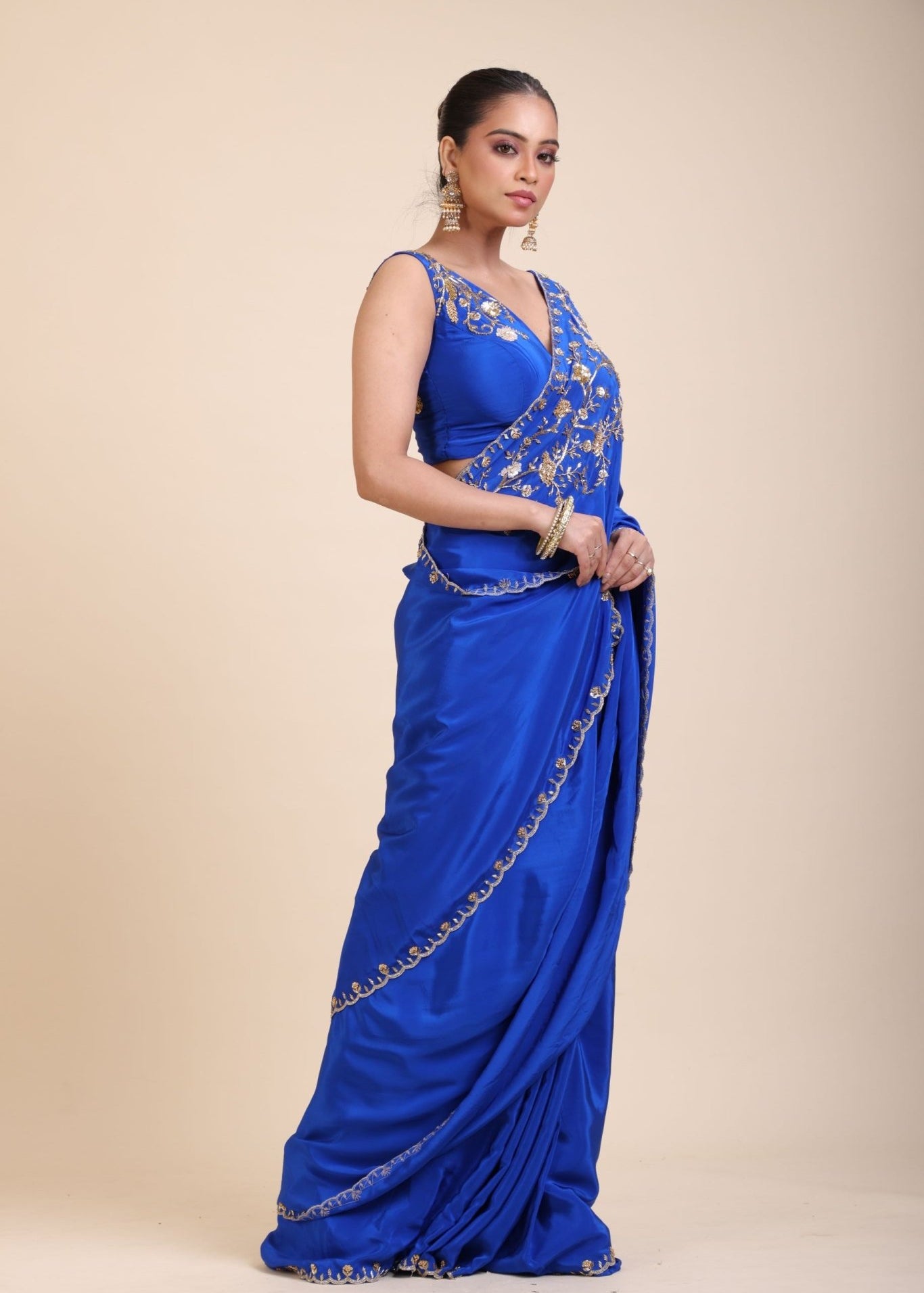 Azure Blue Pure Crepe Silk Saree with Hand Embroidered Work - Anvi Couture