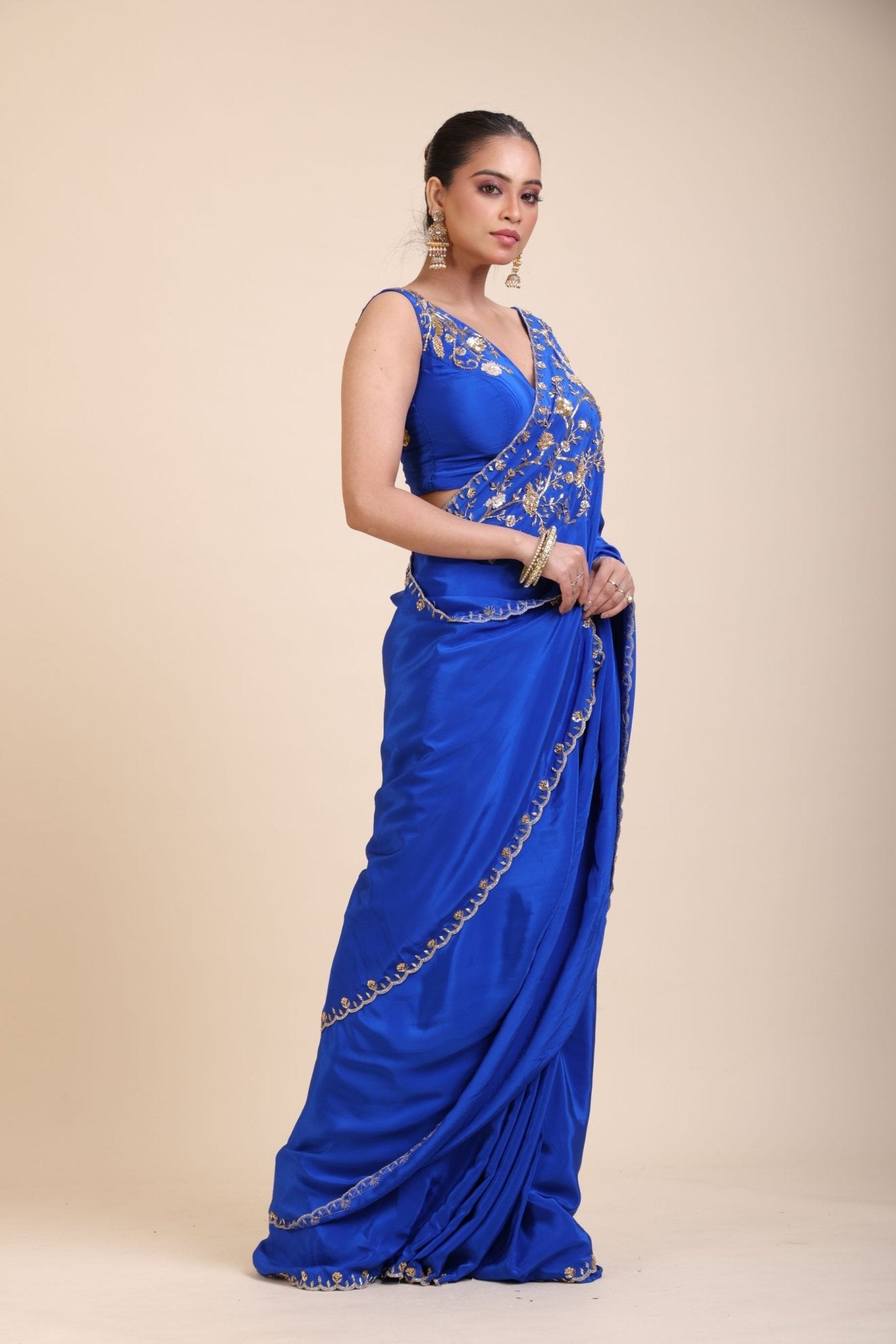 Azure Blue Pure Crepe Silk Saree with Hand Embroidered Work - Anvi Couture