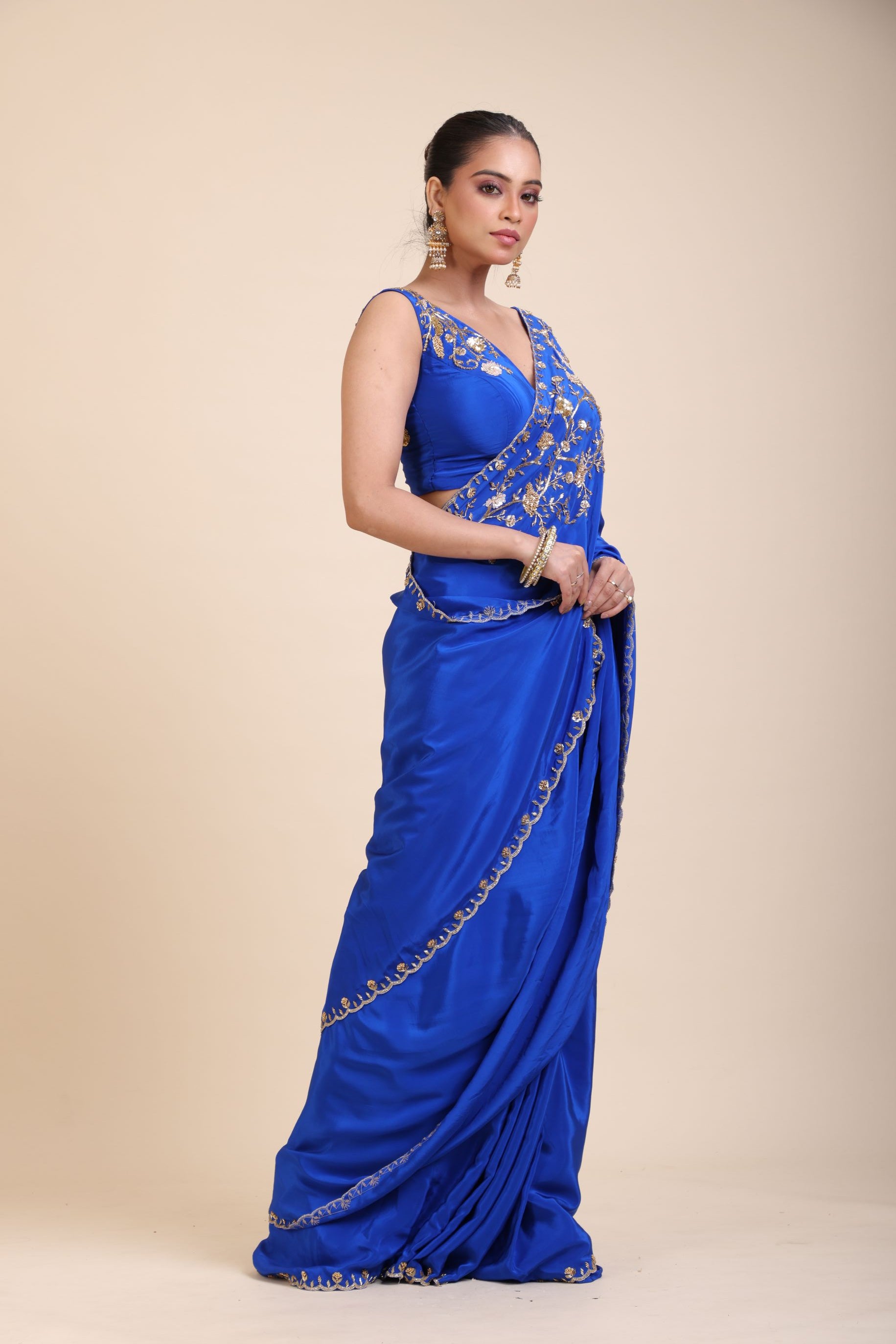Azure Blue Pure Crepe Silk Saree with Hand Embroidered Work front