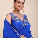 Azure Blue Pure Crepe Silk Saree with Hand Embroidered Work close up