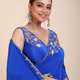 Azure Blue Pure Crepe Silk Saree with Hand Embroidered Work close up