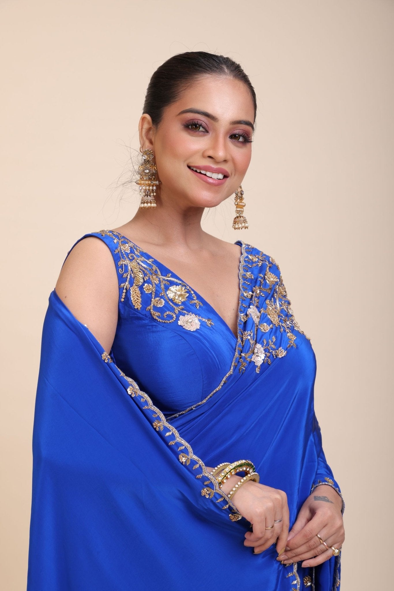 Azure Blue Pure Crepe Silk Saree with Hand Embroidered Work - Anvi Couture