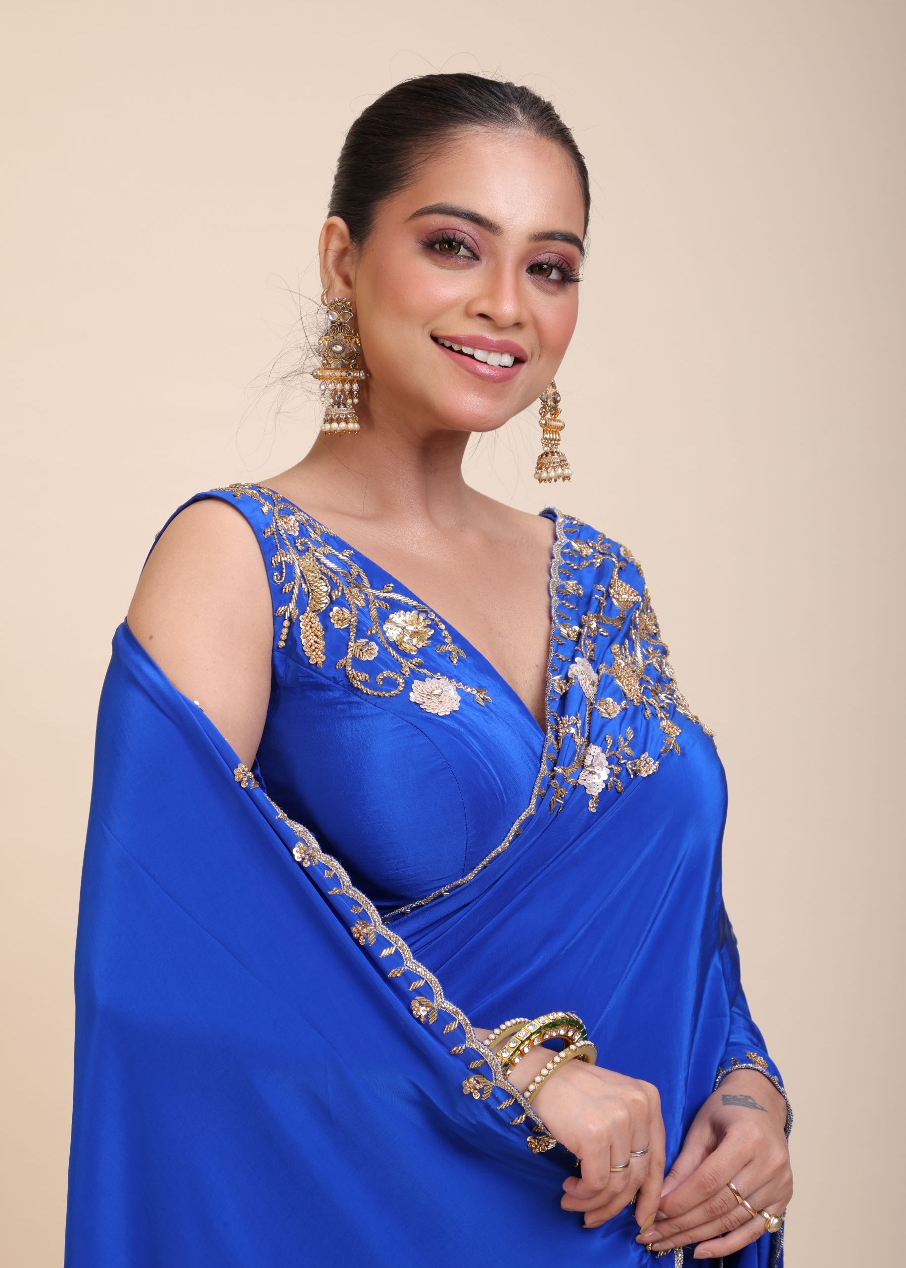 Azure Blue Pure Crepe Silk Saree with Hand Embroidered Work close up