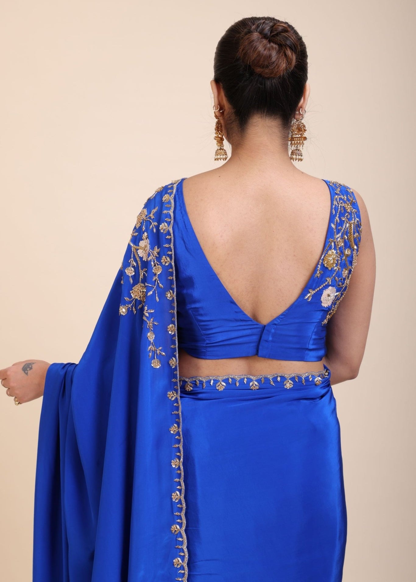 Azure Blue Pure Crepe Silk Saree with Hand Embroidered Work - Anvi Couture