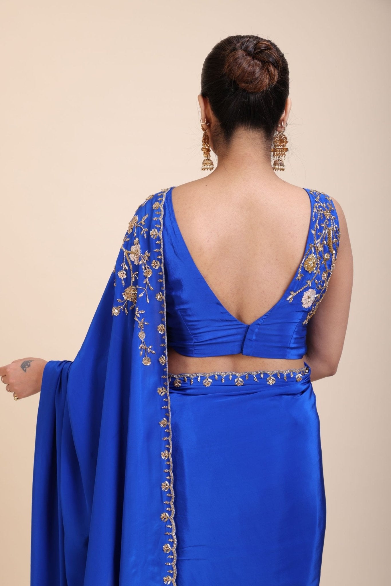 Azure Blue Pure Crepe Silk Saree with Hand Embroidered Work - Anvi Couture