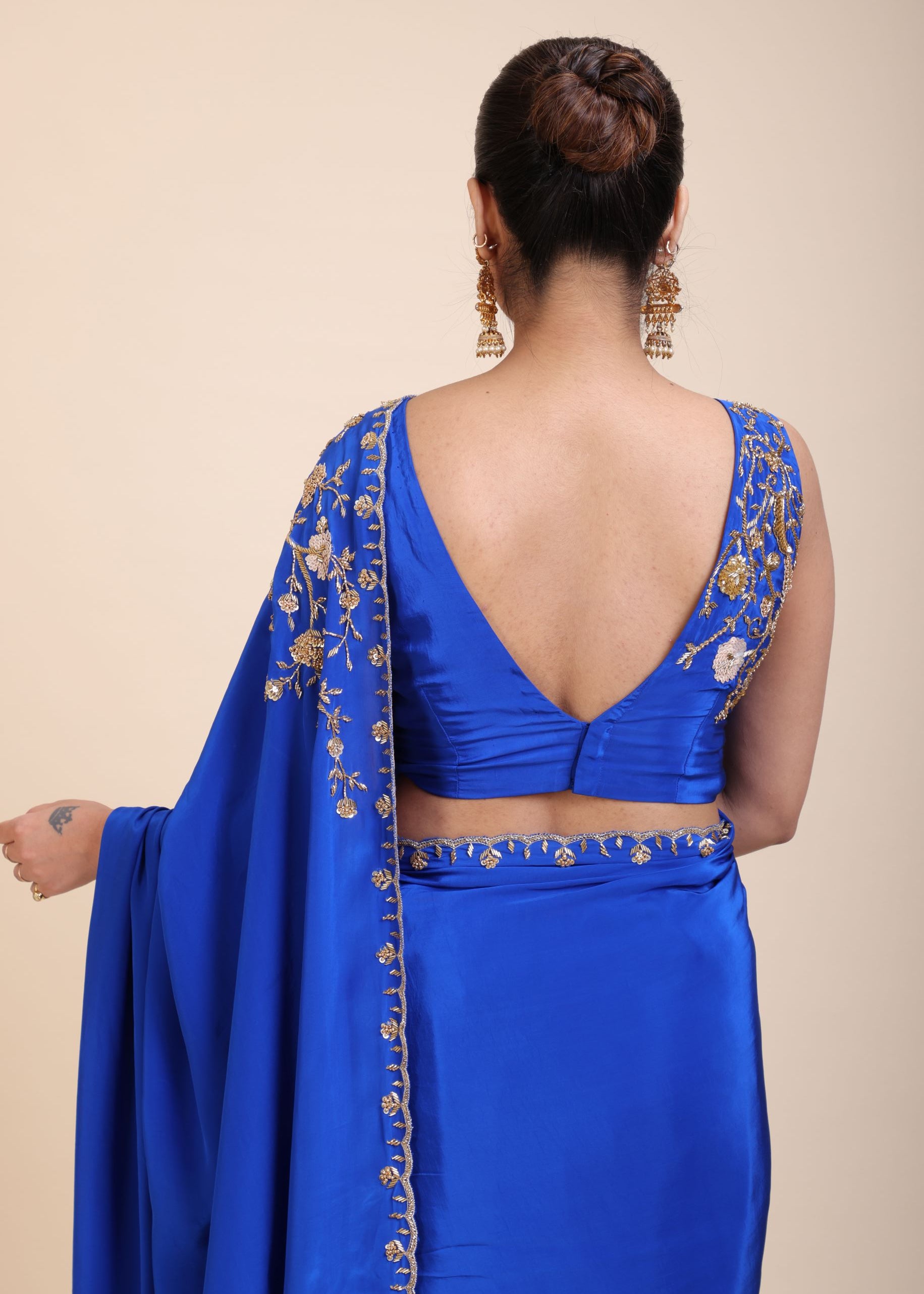 Azure Blue Pure Crepe Silk Saree with Hand Embroidered Work back
