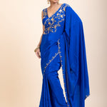 Azure Blue Pure Crepe Silk Saree with Hand Embroidered Work - Anvi Couture