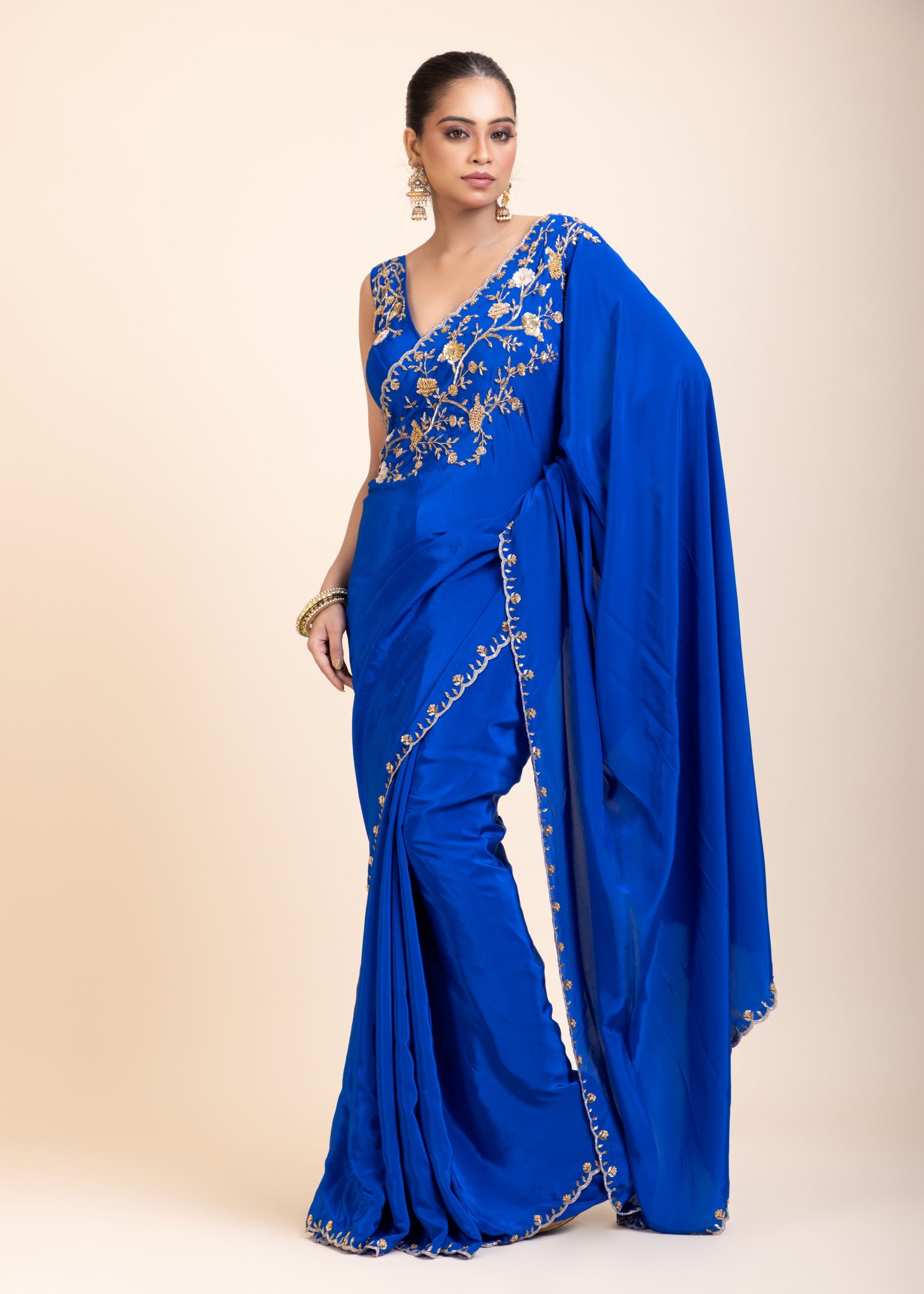 Azure Blue Pure Crepe Silk Saree with Hand Embroidered Work front