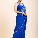 Azure Blue Pure Crepe Silk Saree with Hand Embroidered Work - Anvi Couture