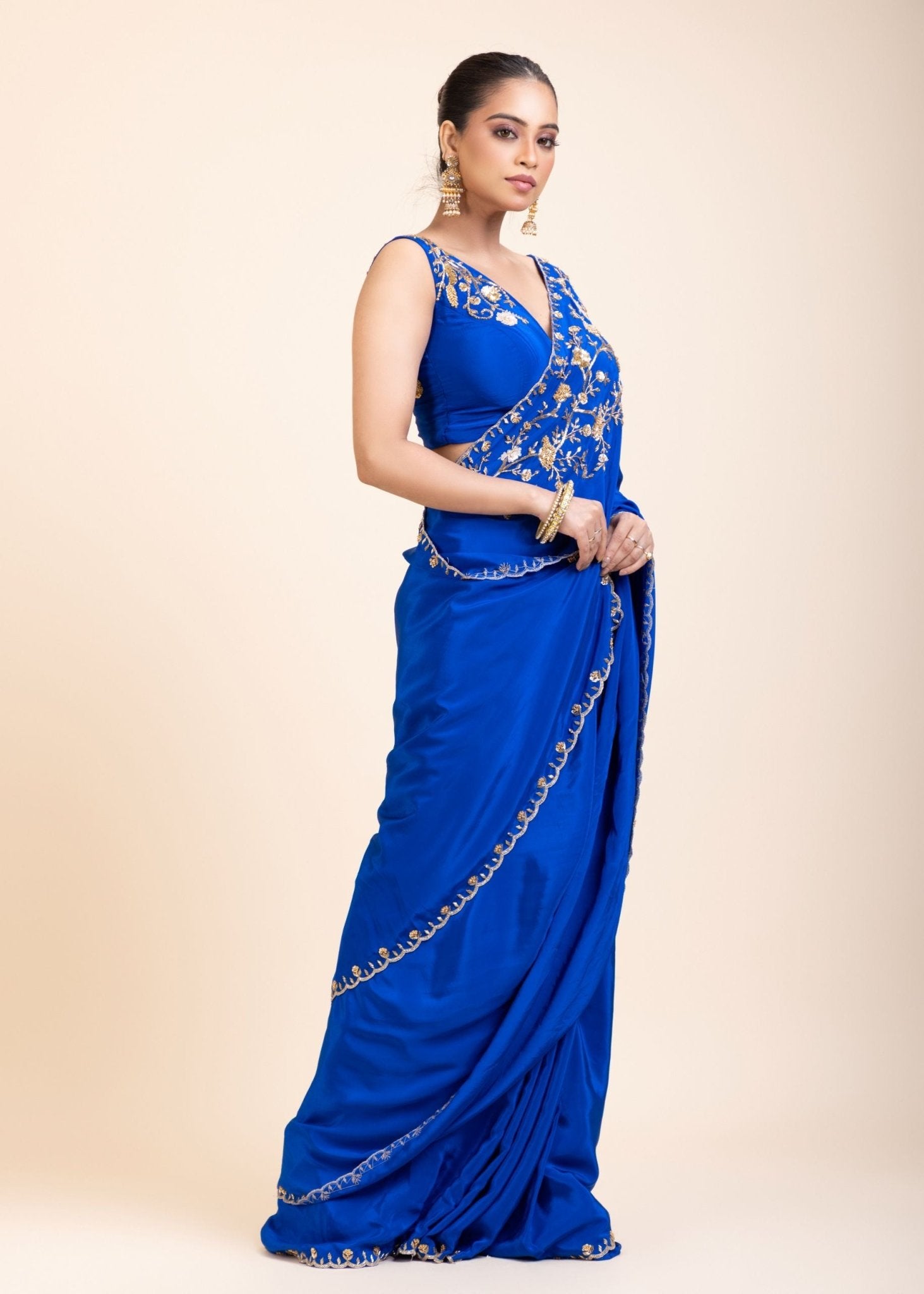 Azure Blue Pure Crepe Silk Saree with Hand Embroidered Work - Anvi Couture