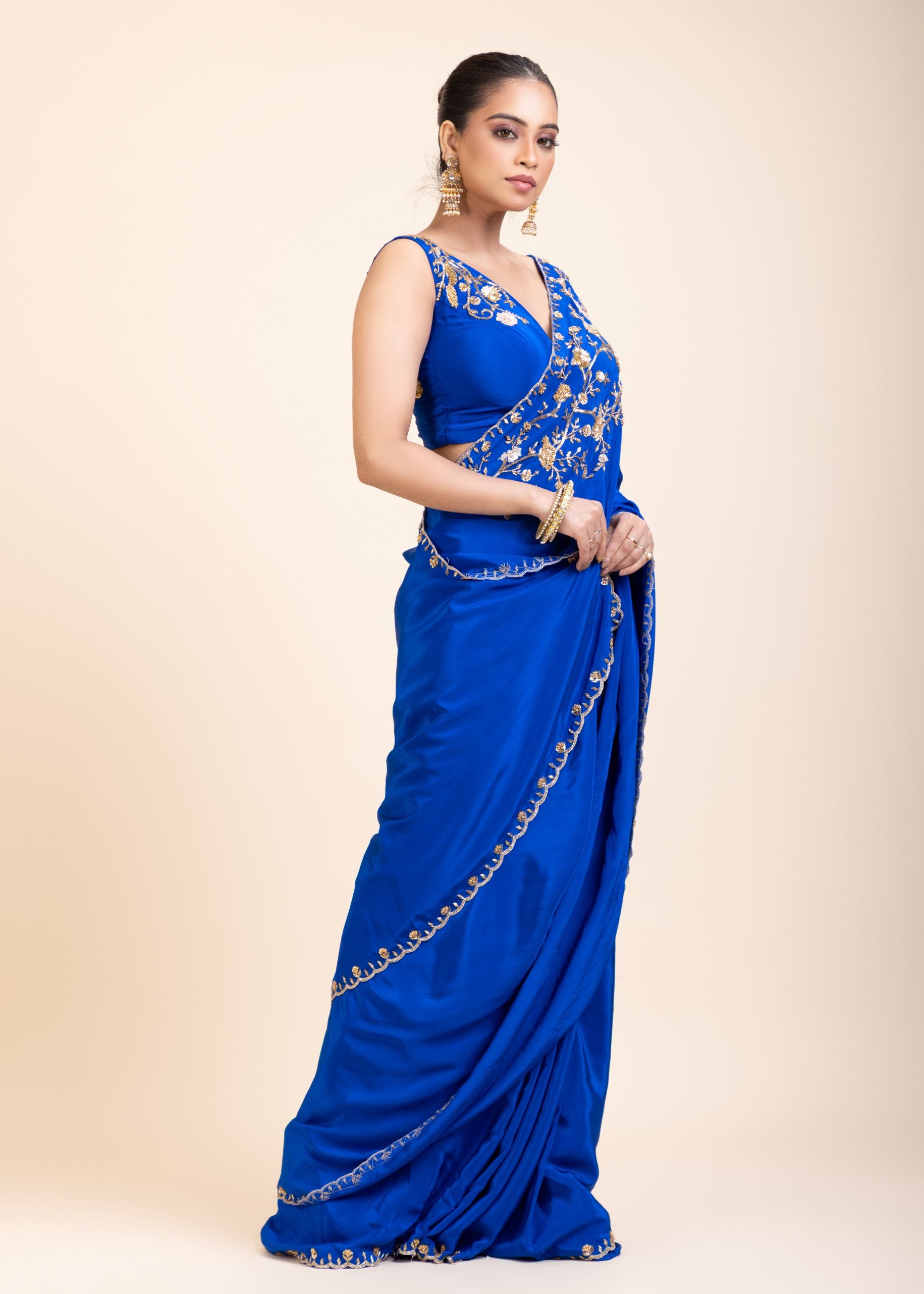 Azure Blue Pure Crepe Silk Saree with Hand Embroidered Work side