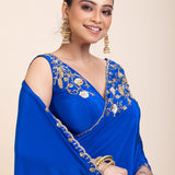Azure Blue Pure Crepe Silk Saree with Hand Embroidered Work - Anvi Couture