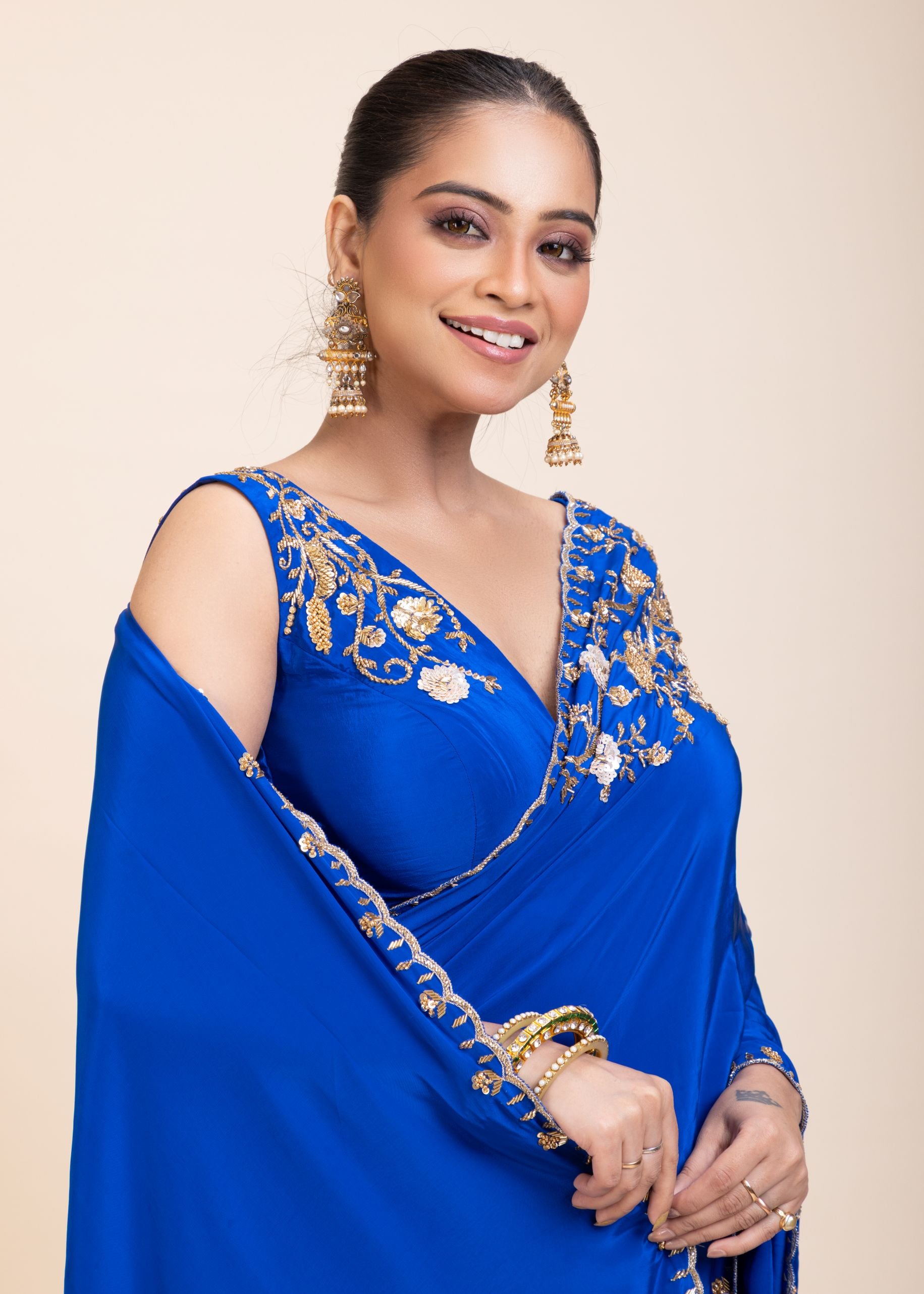 Azure Blue Pure Crepe Silk Saree with Hand Embroidered Work close
