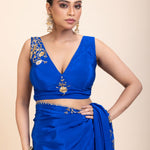 Azure Blue Pure Crepe Silk Saree with Hand Embroidered Work - Anvi Couture