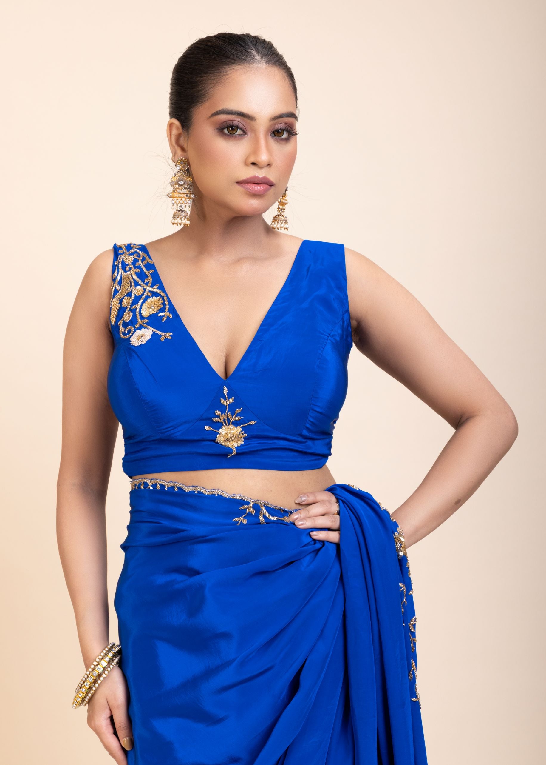 Azure Blue Pure Crepe Silk Saree with Hand Embroidered Work front