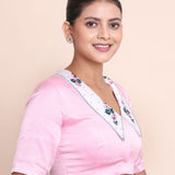 Baby Pink Blouse With Embroidered Collar Neckline and Elbow Sleeves side