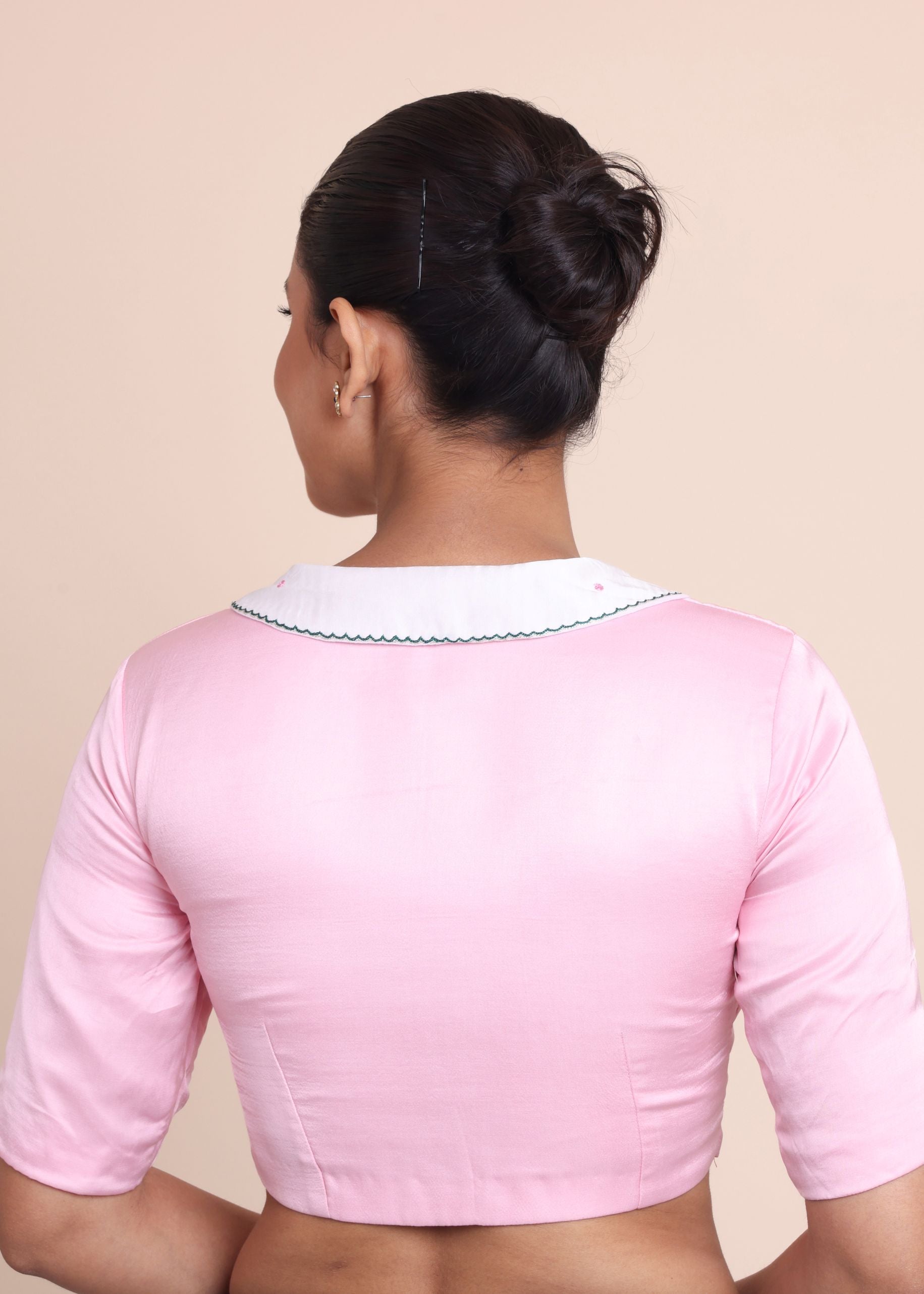 Baby Pink Blouse With Embroidered Collar Neckline and Elbow Sleeves back