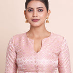 Baby Pink Brocade Silk Blouse with Scoop Neckline with Elbow Sleeves Front