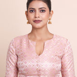 Baby Pink Brocade Silk Blouse with Scoop Neckline with Elbow Sleeves Front