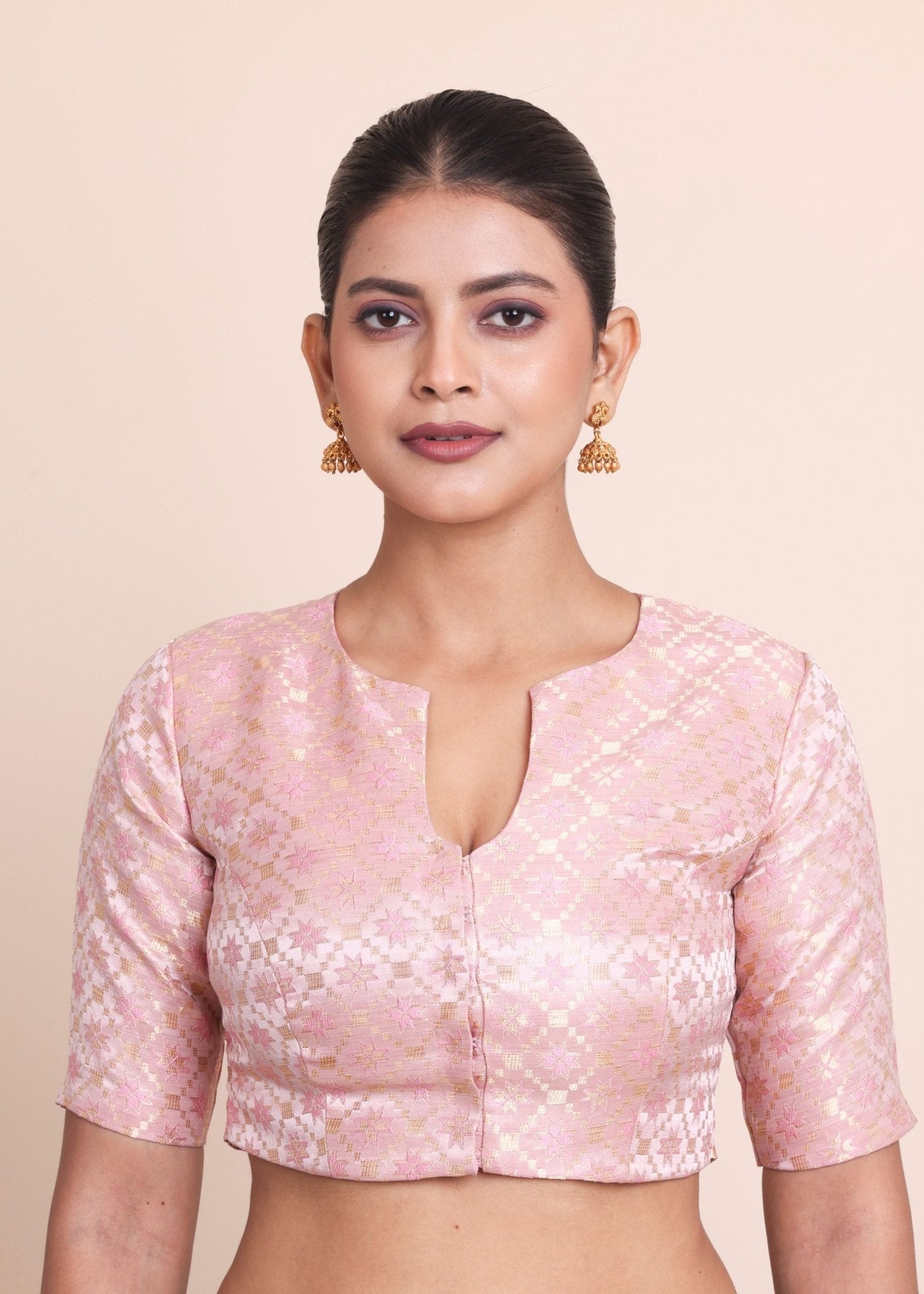 Baby Pink Brocade Silk Blouse with Scoop Neckline with Elbow Sleeves - Anvi Couture