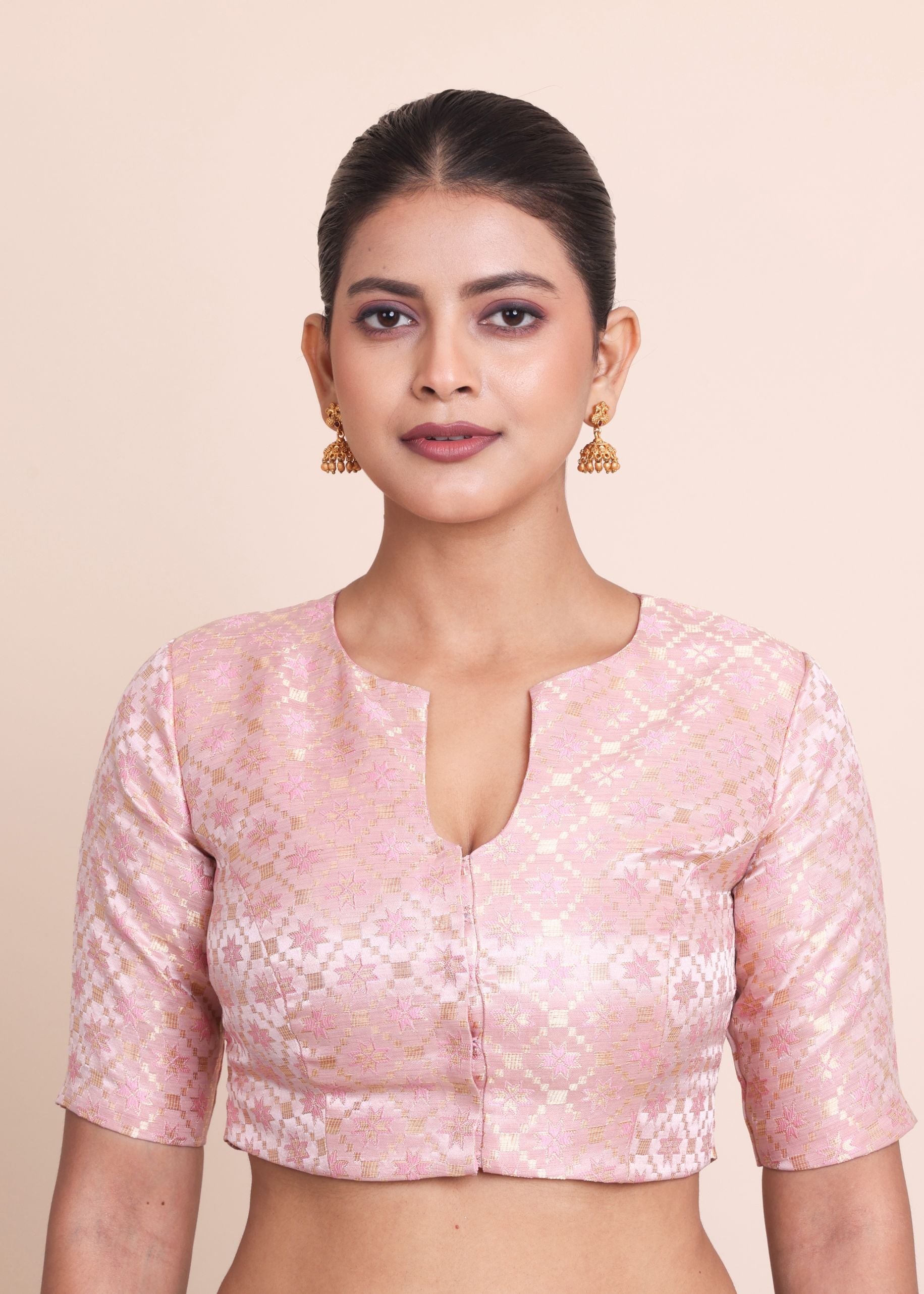 Baby Pink Brocade Silk Blouse with Scoop Neckline with Elbow Sleeves Front