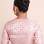 Baby Pink Brocade Silk Blouse with Scoop Neckline with Elbow Sleeves Back