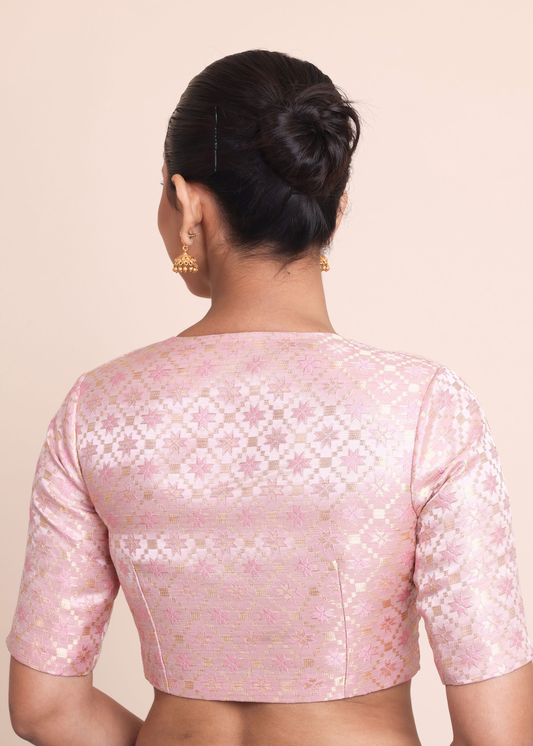 Baby Pink Brocade Silk Blouse with Scoop Neckline with Elbow Sleeves Back
