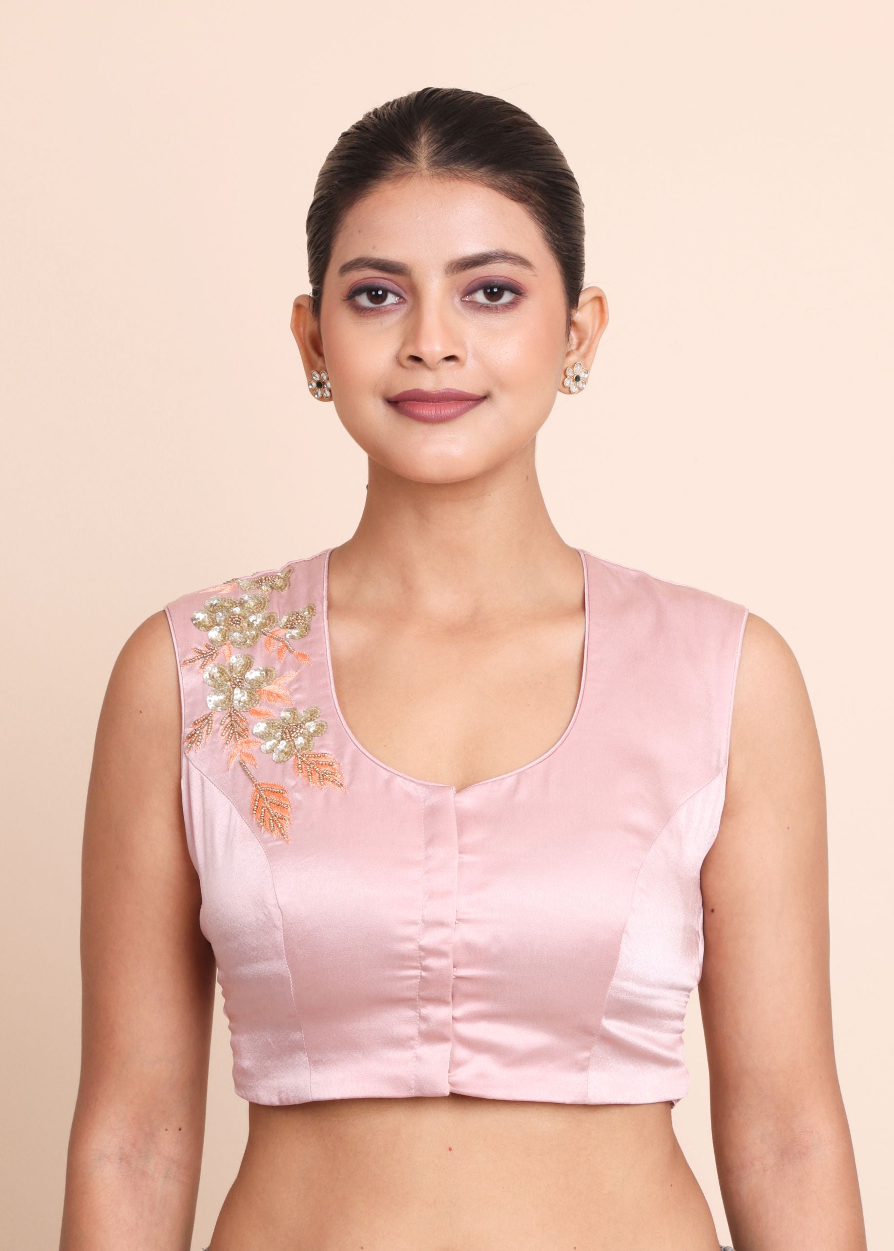 Baby Pink Embroidered Sleeveless Blouse Front
