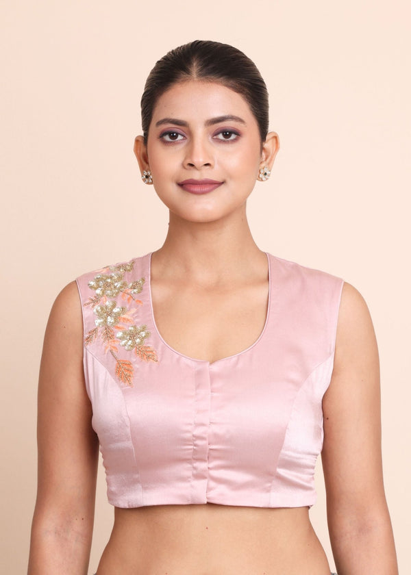 Baby Pink Embroidered Sleeveless Blouse - Anvi Couture