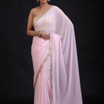  Baby Pink Georgette Saree with Golden Cutdana Lace Border Full
