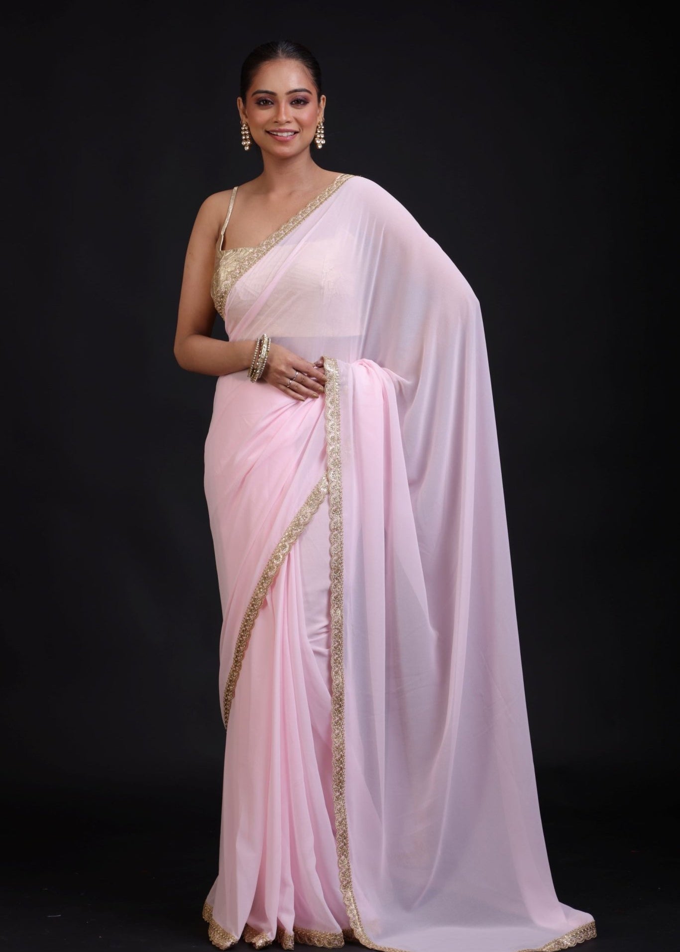 Baby Pink Georgette Saree with Golden Cutdana Lace Border - Anvi Couture