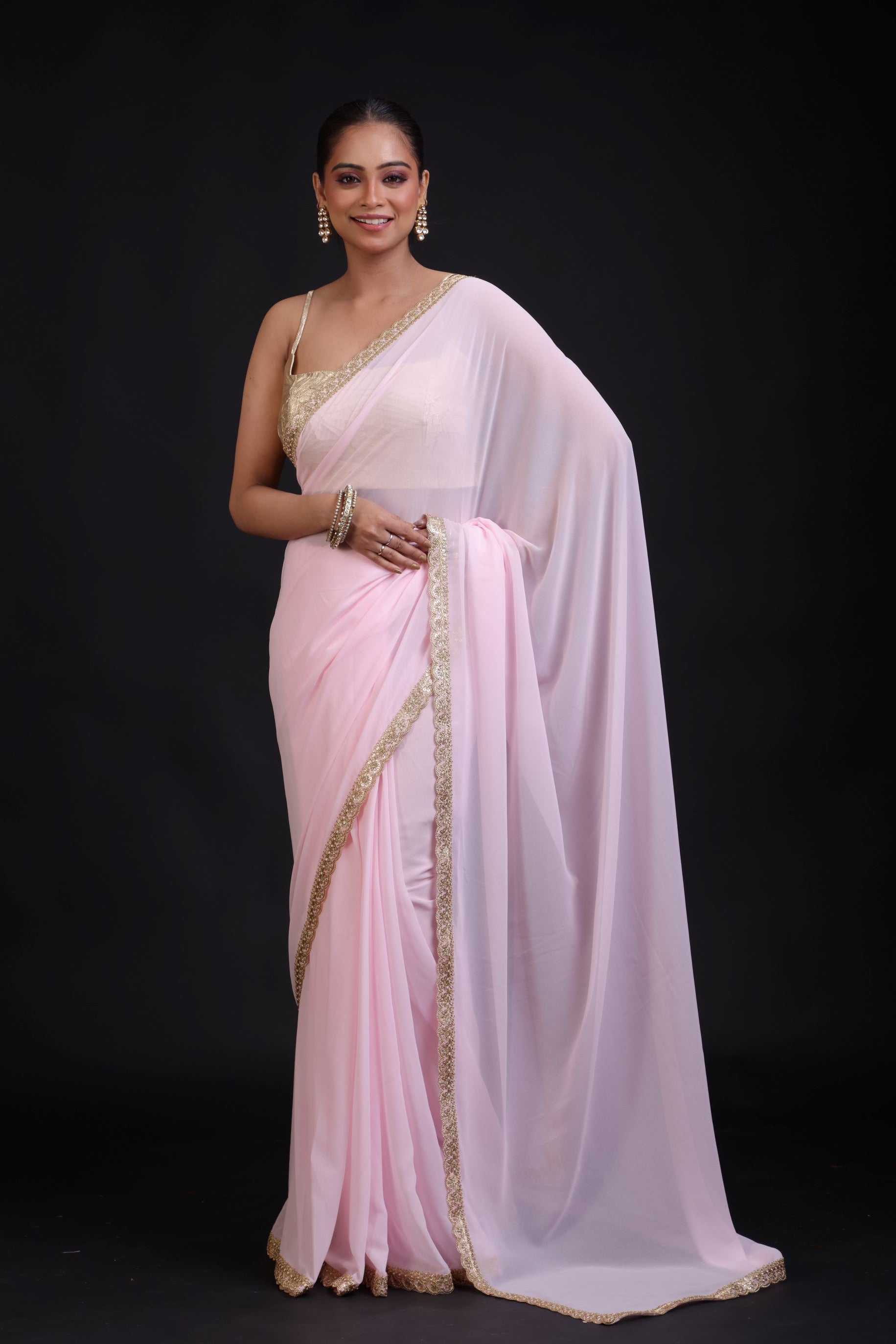  Baby Pink Georgette Saree with Golden Cutdana Lace Border Full