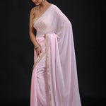 Baby Pink Georgette Saree with Golden Cutdana Lace Border Front