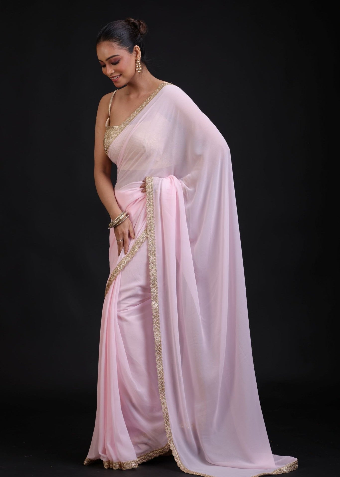 Baby Pink Georgette Saree with Golden Cutdana Lace Border - Anvi Couture