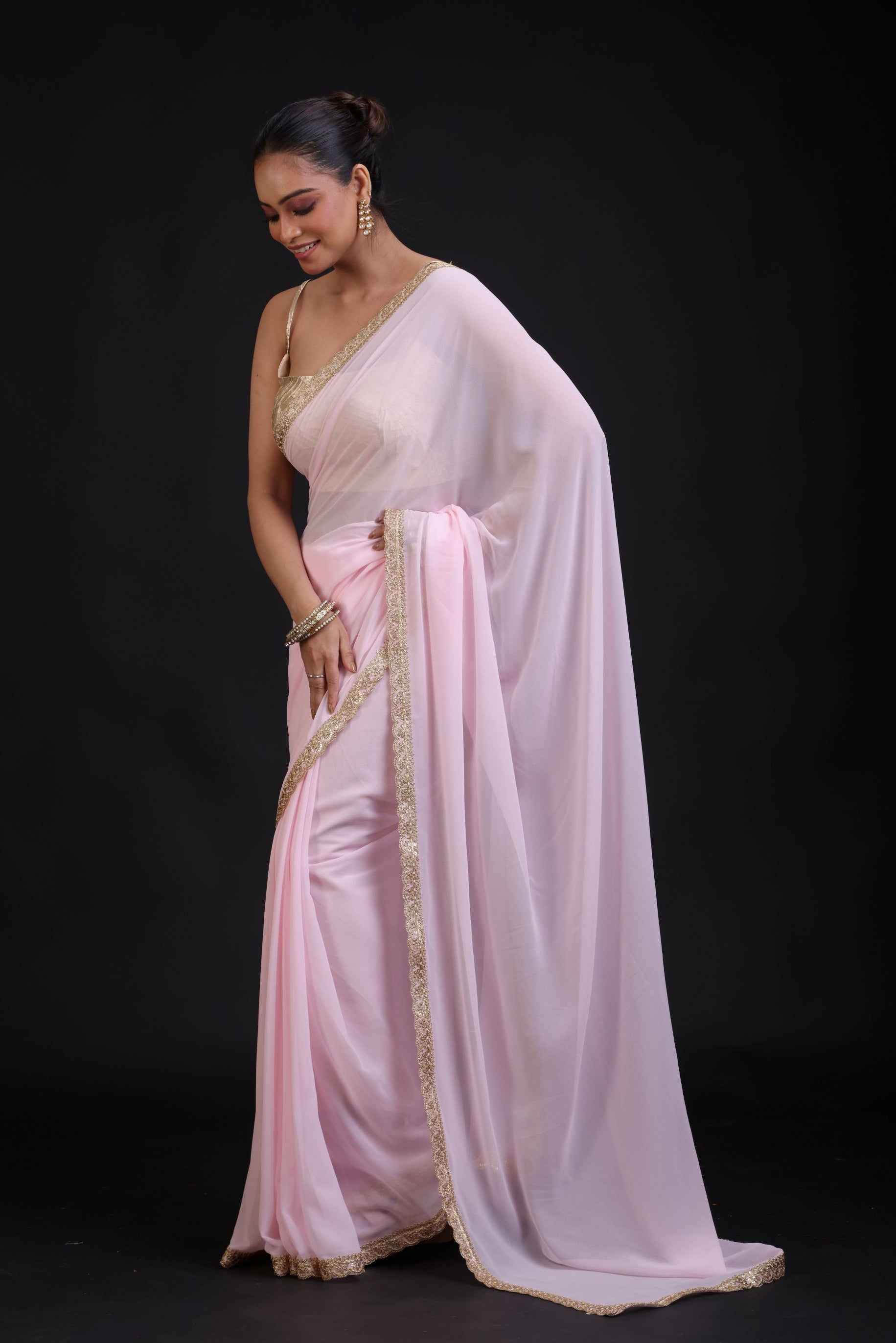 Baby Pink Georgette Saree with Golden Cutdana Lace Border Front