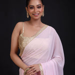 Baby Pink Georgette Saree with Golden Cutdana Lace Border Close Up