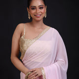 Baby Pink Georgette Saree with Golden Cutdana Lace Border Close Up